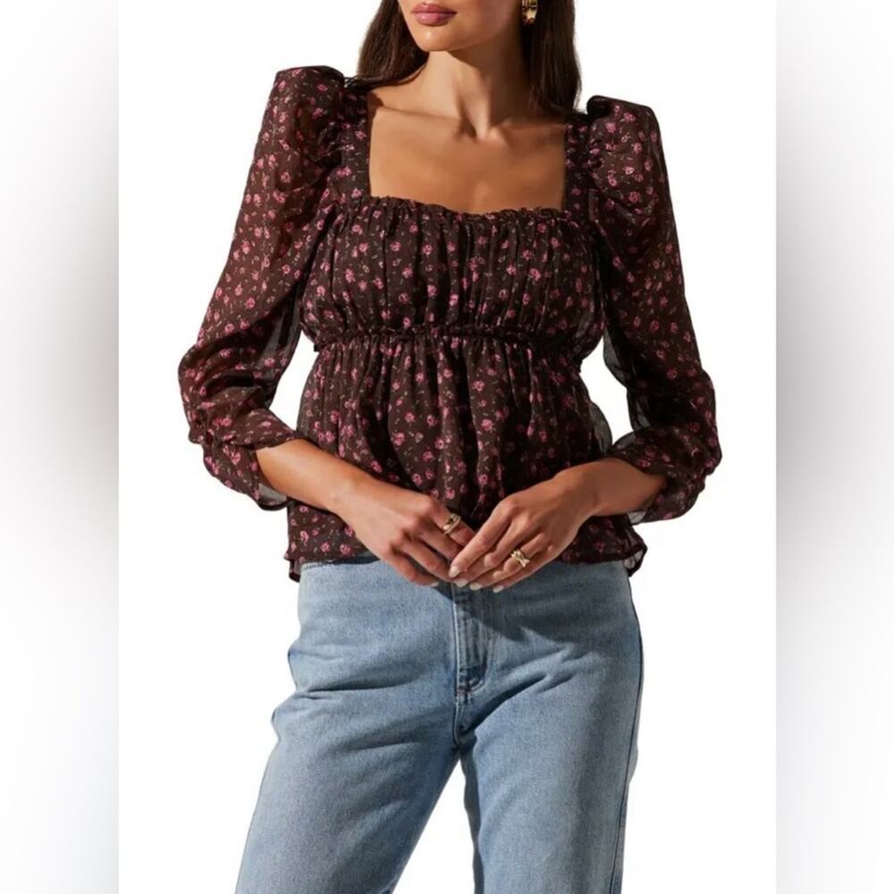 NWT New ASTR The Label Floral Print Smocked Babydoll Top Size L